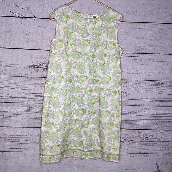 Vtg Cleo Women’s‎ Green Shift Dress 12P Monstera Leaves All Over Cotton Unlined - Picture 1 of 8